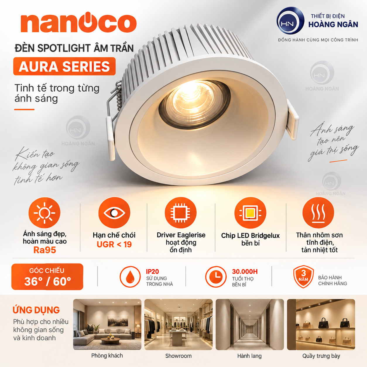 Đèn Spotlight âm trần Nanoco Aura Series – hình tổng quan, chóa trắng, góc chiếu 60 độ