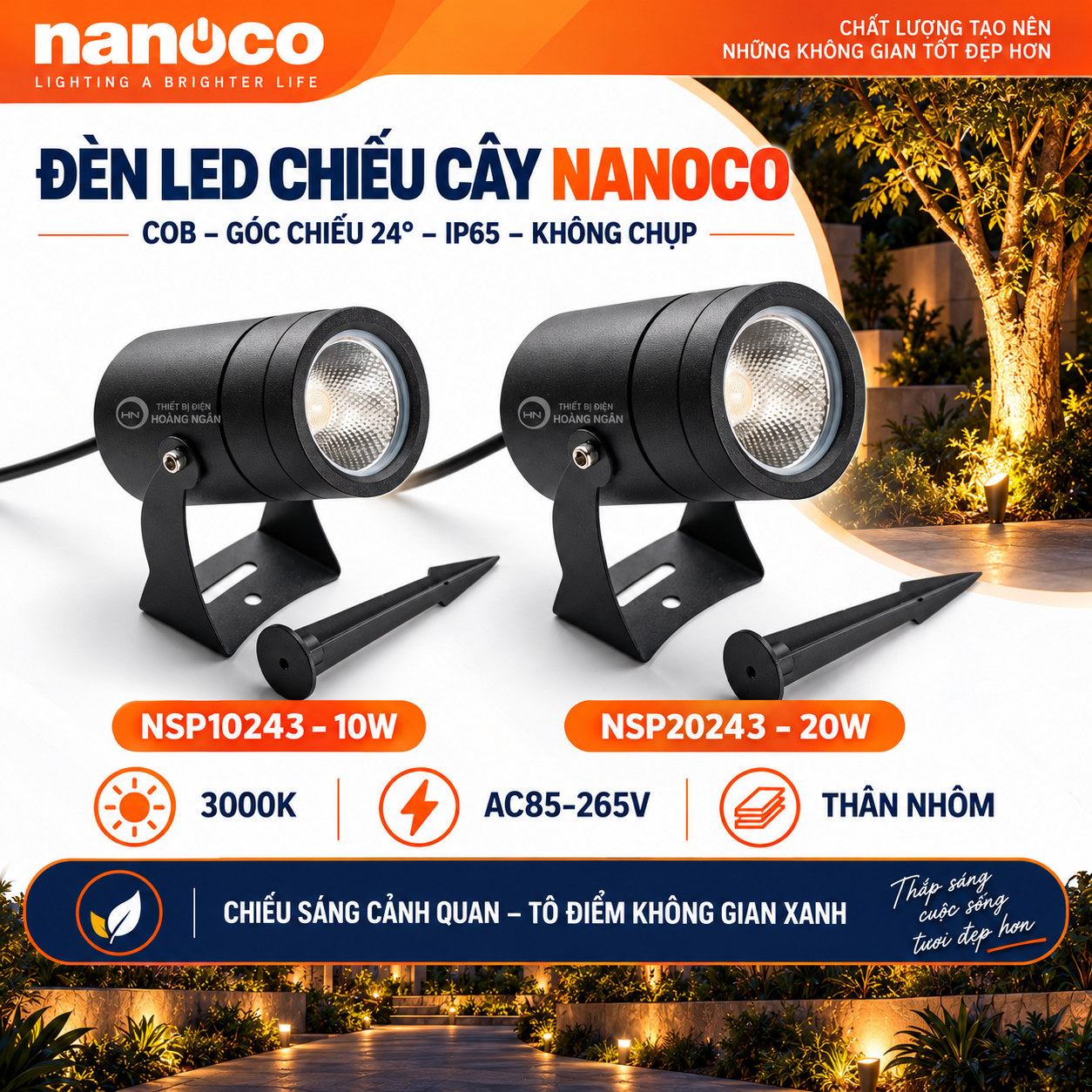 Đèn LED chiếu cây Nanoco NSP10243 10W và NSP20243 20W không chụp, kèm cọc cắm đất.