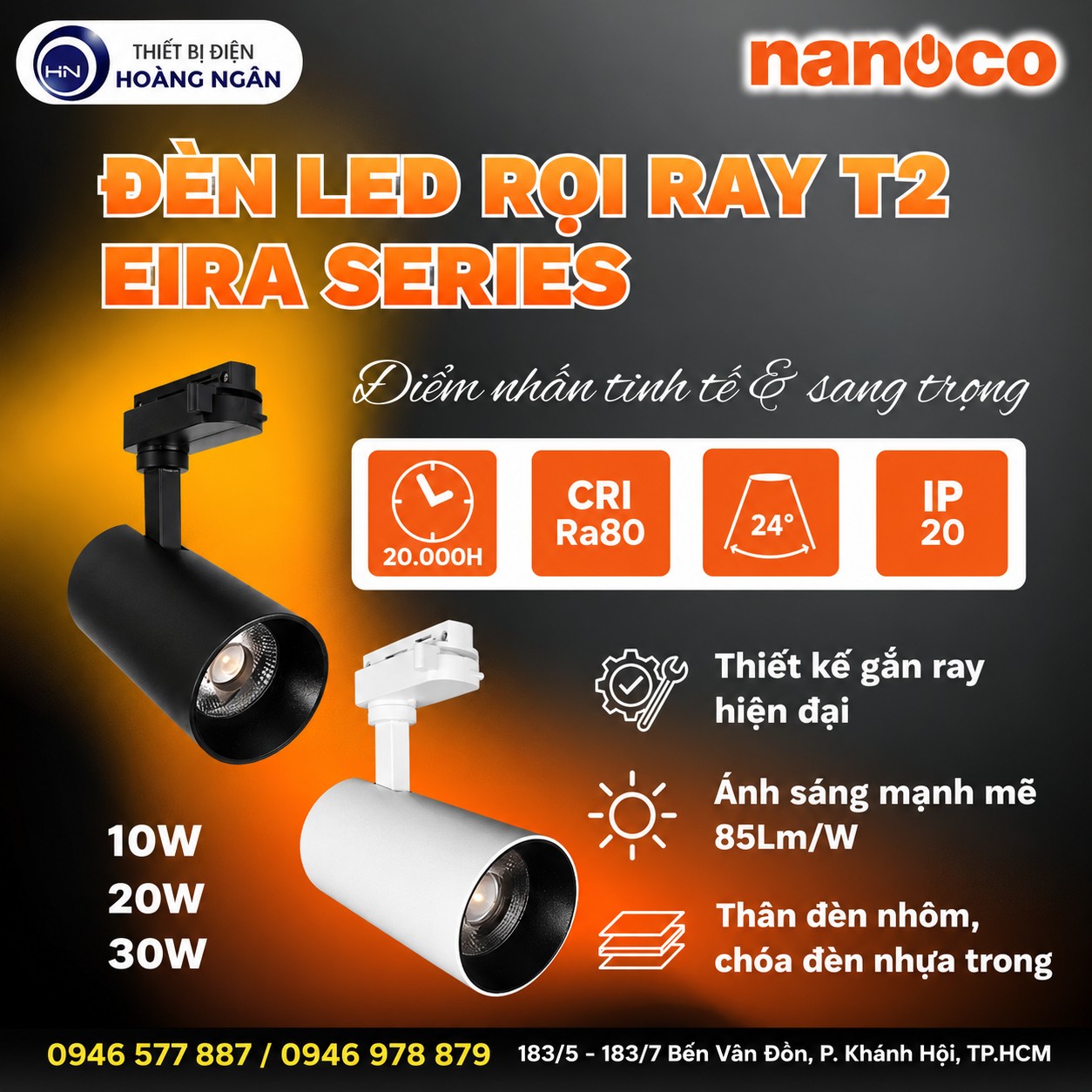 Đèn LED rọi ray Nanoco Eira Series T2 10W 20W 30W màu đen trắng