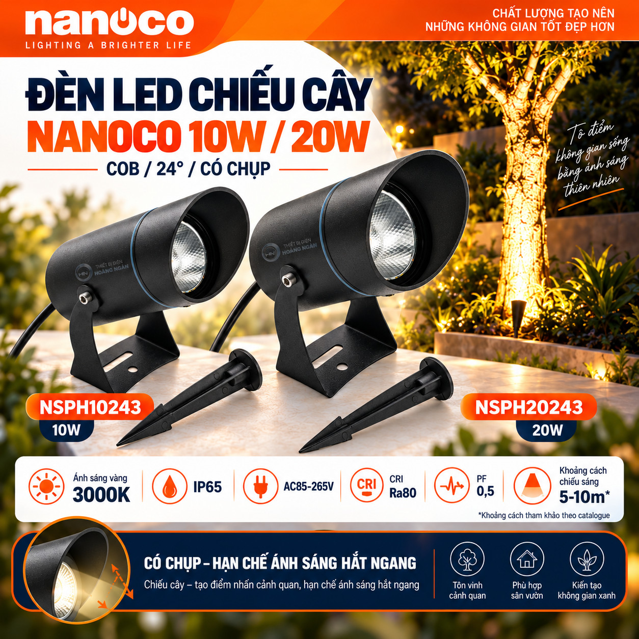 Đèn chiếu cây Nanoco COB 24° có chụp NSPH10243 10W và NSPH20243 20W, kèm chân đế và cọc cắm.