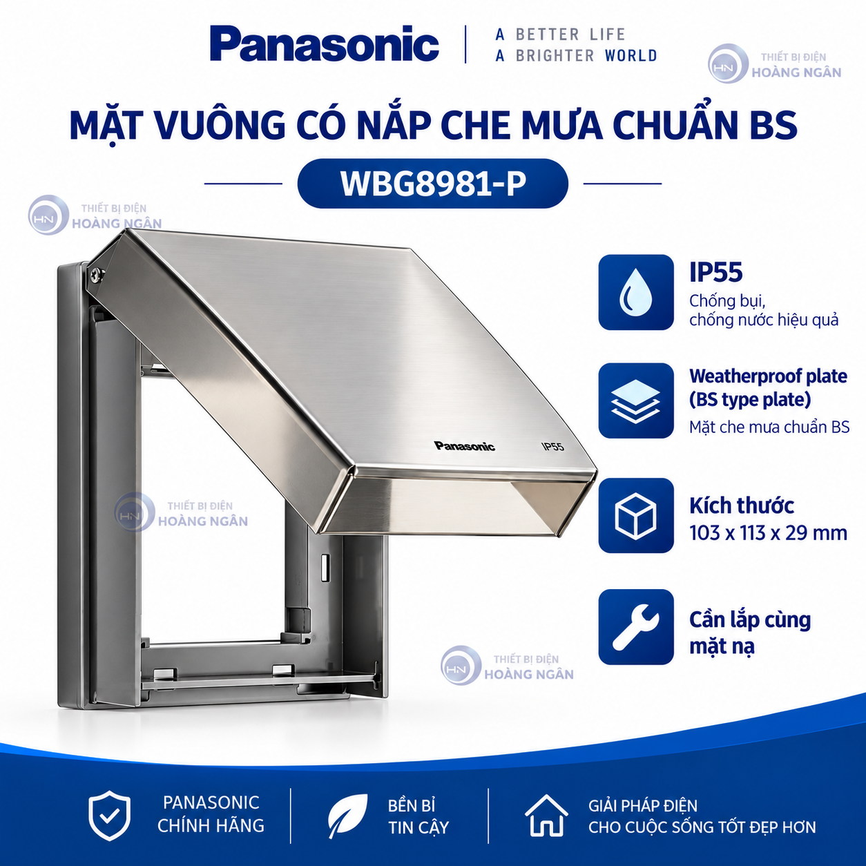 Mặt vuông có nắp che mưa Panasonic WBG8981-P IP55 chuẩn BS - ảnh tổng quan