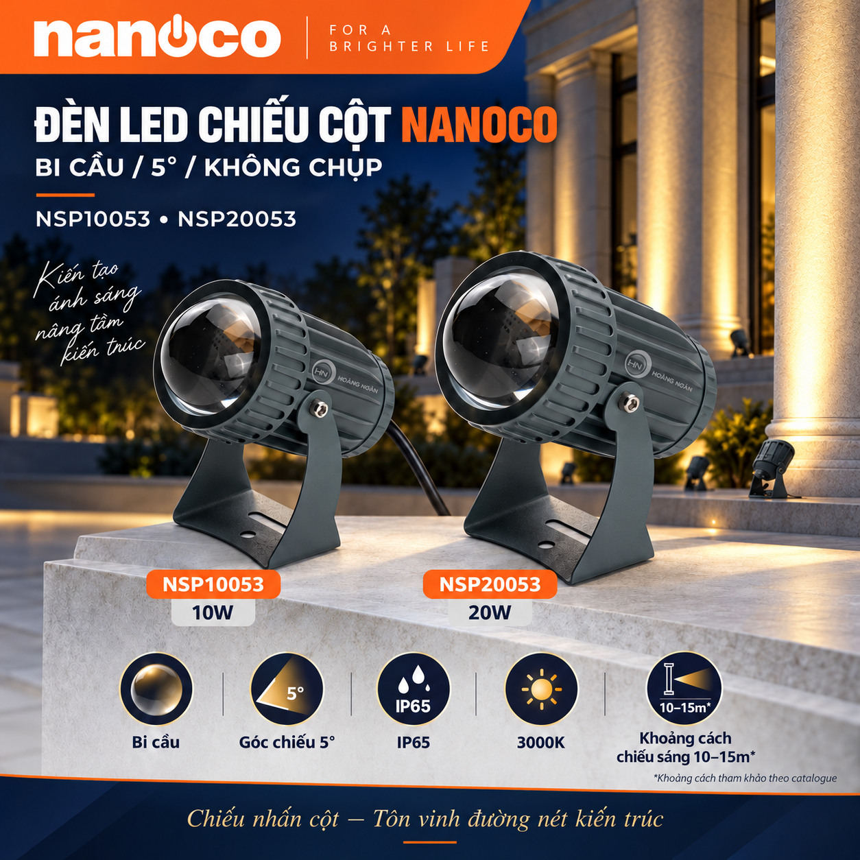 Đèn LED chiếu cột Nanoco bi cầu 5 độ không chụp, mẫu NSP10053 10W và NSP20053 20W.