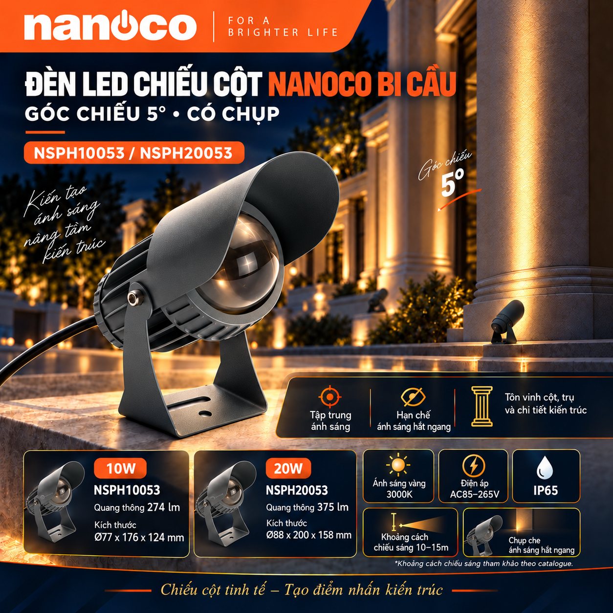 Đèn LED chiếu cột Nanoco bi cầu 5 độ có chụp NSPH10053 10W và NSPH20053 20W IP65