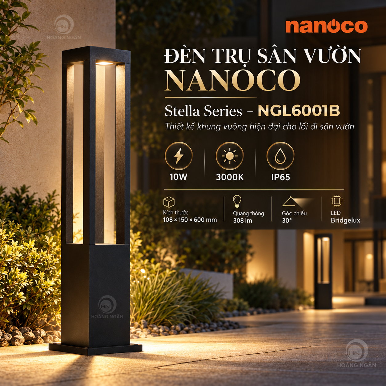 Đèn trụ sân vườn Nanoco Stella NGL6001B 10W cao 600 mm, IP65, ánh sáng vàng 3000K