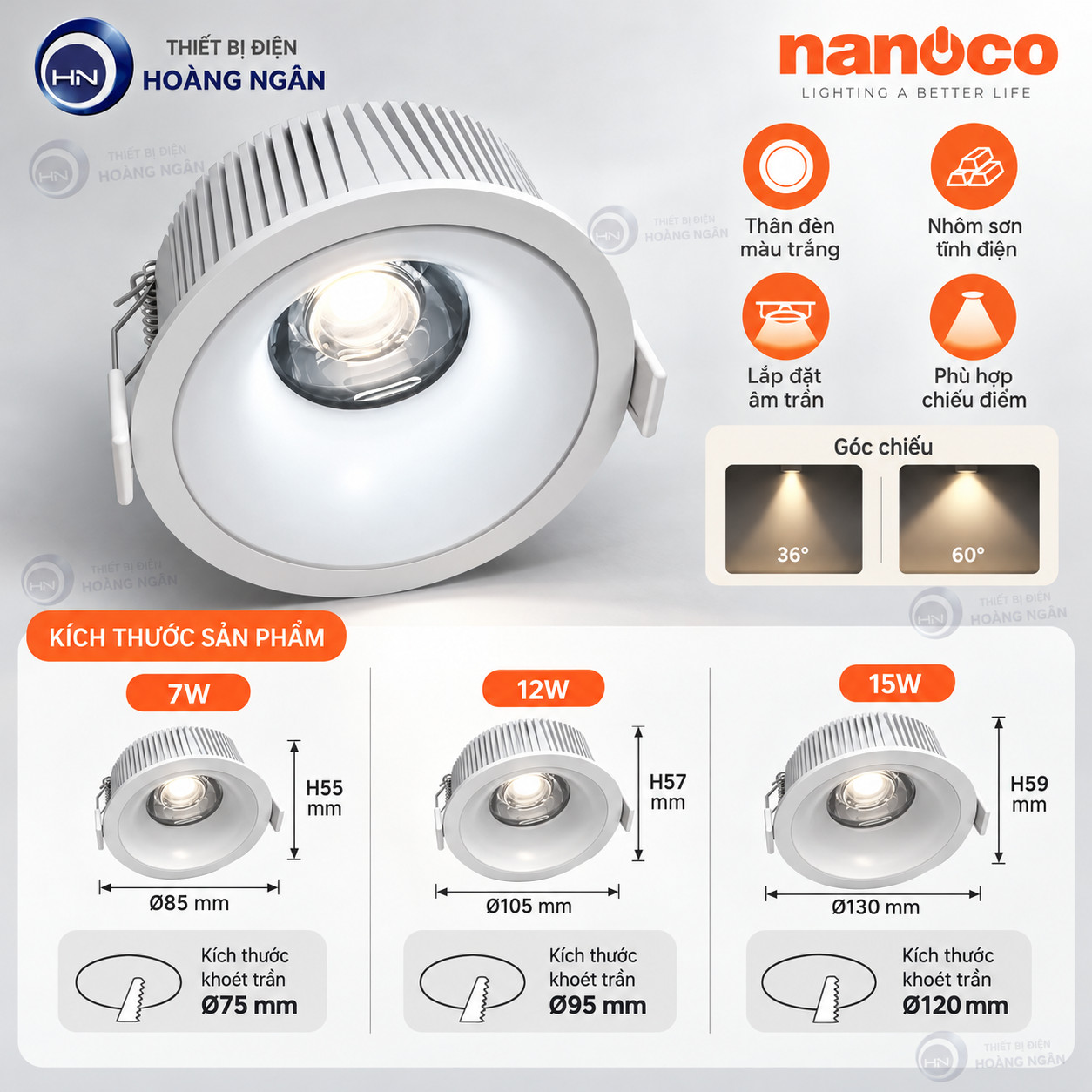 Kích thước đèn Spotlight Aura Series 7W 12W 15W và lỗ khoét trần 75 95 120 mm