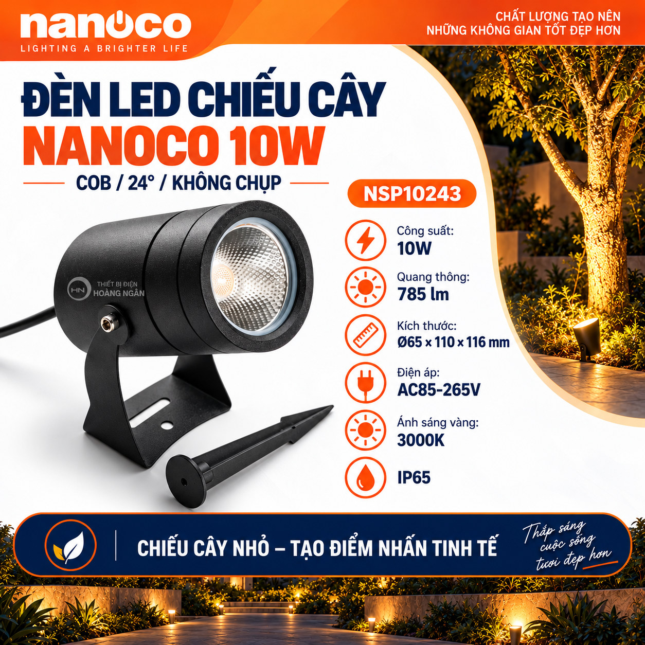 Nanoco NSP10243 10W: đèn COB 24°, 785 lm, kích thước Ø65 × 110 × 116 mm.