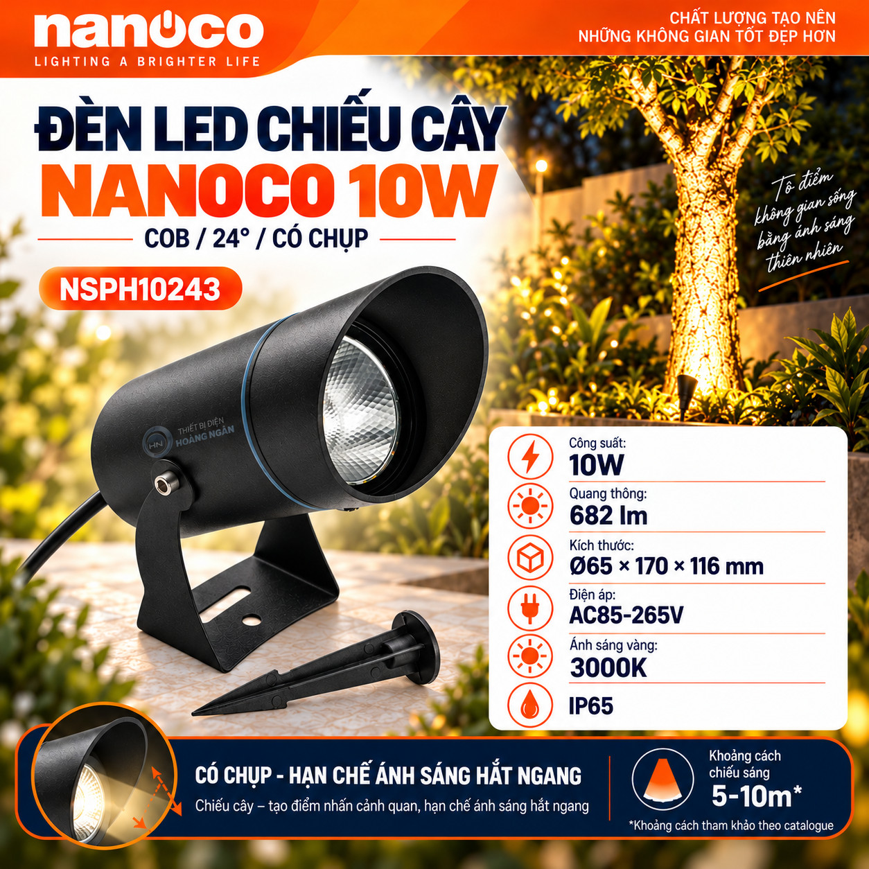 Nanoco NSPH10243 10W có chụp: 682 lm, kích thước Ø65 × 170 × 116 mm, ánh sáng vàng 3000K.