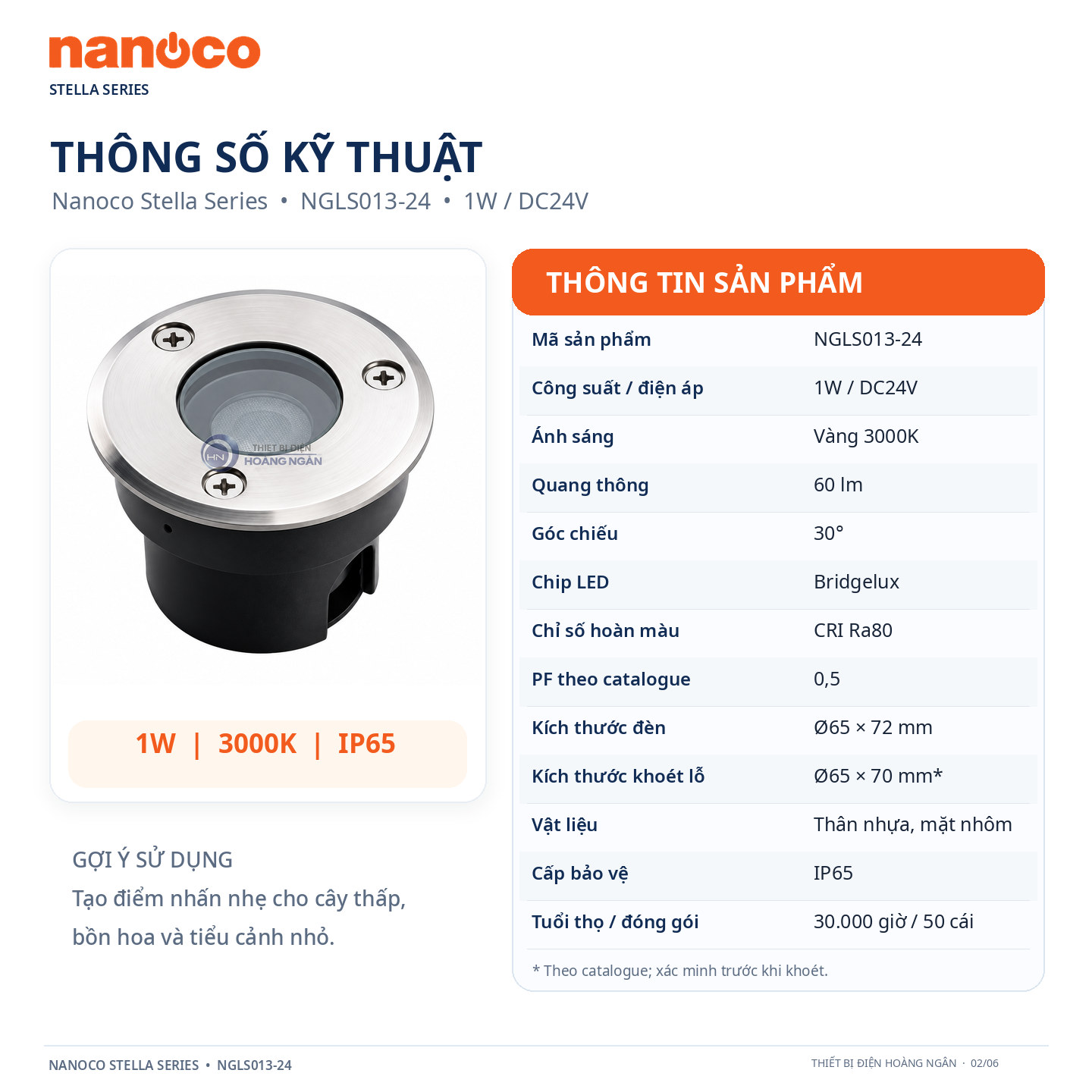 Bảng thông số kỹ thuật đèn LED âm đất Nanoco NGLS013-24 công suất 1W DC24V