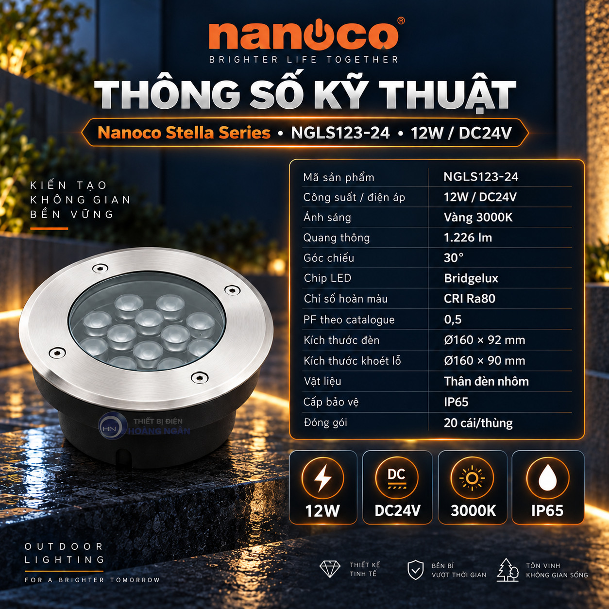 Thông số đèn LED âm đất Nanoco NGLS123-24 12W 1226lm