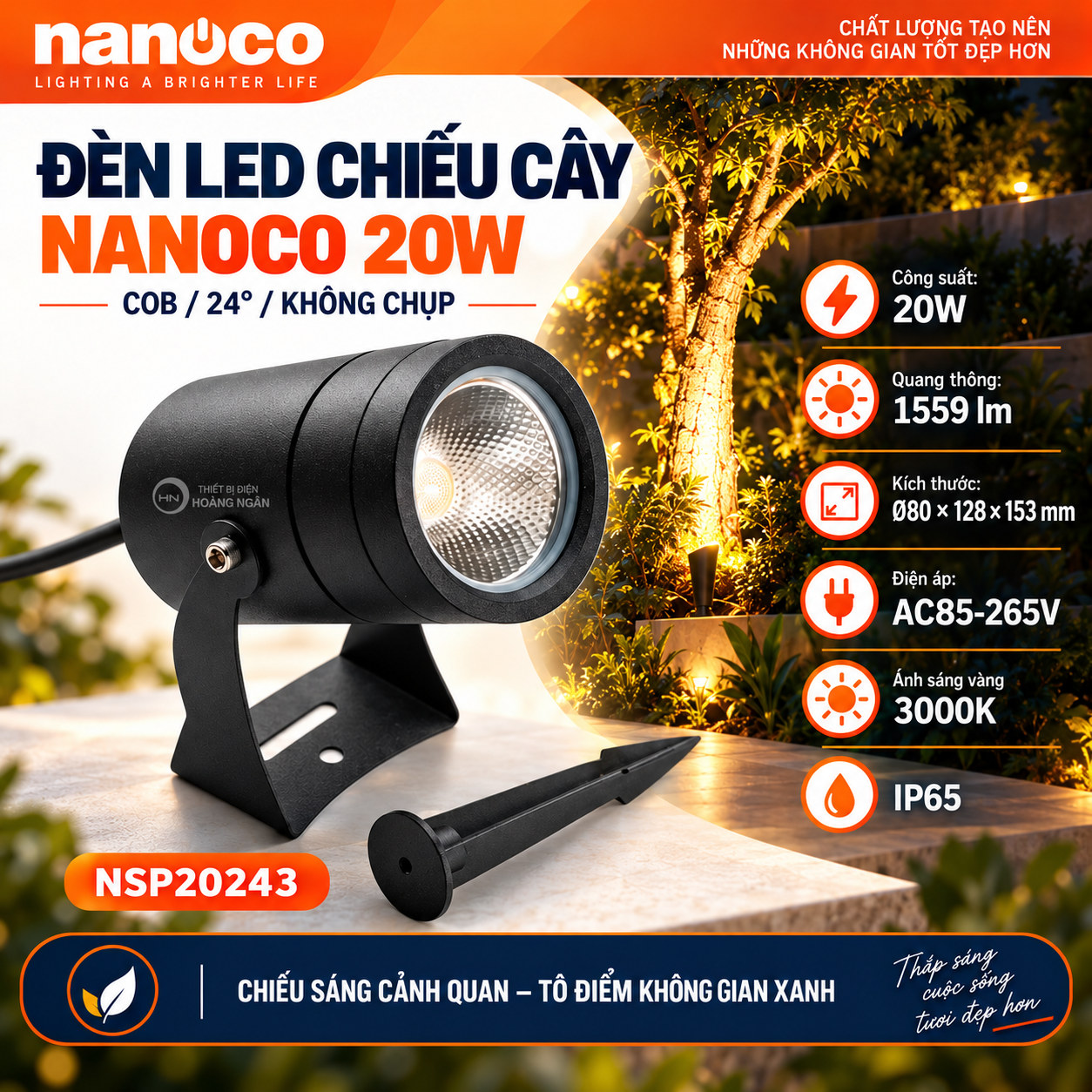 Nanoco NSP20243 20W: đèn COB 24°, 1.559 lm, kích thước Ø80 × 128 × 153 mm.