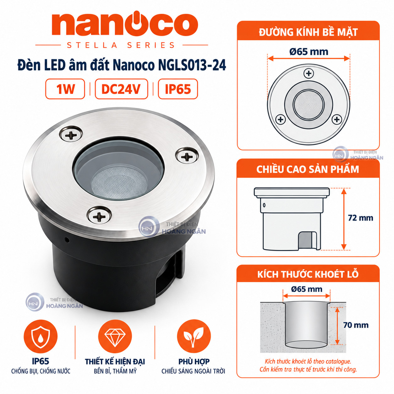 Kích thước đèn LED âm đất Nanoco NGLS013-24 mặt Ø65 mm cao 72 mm, khoét lỗ theo catalogue