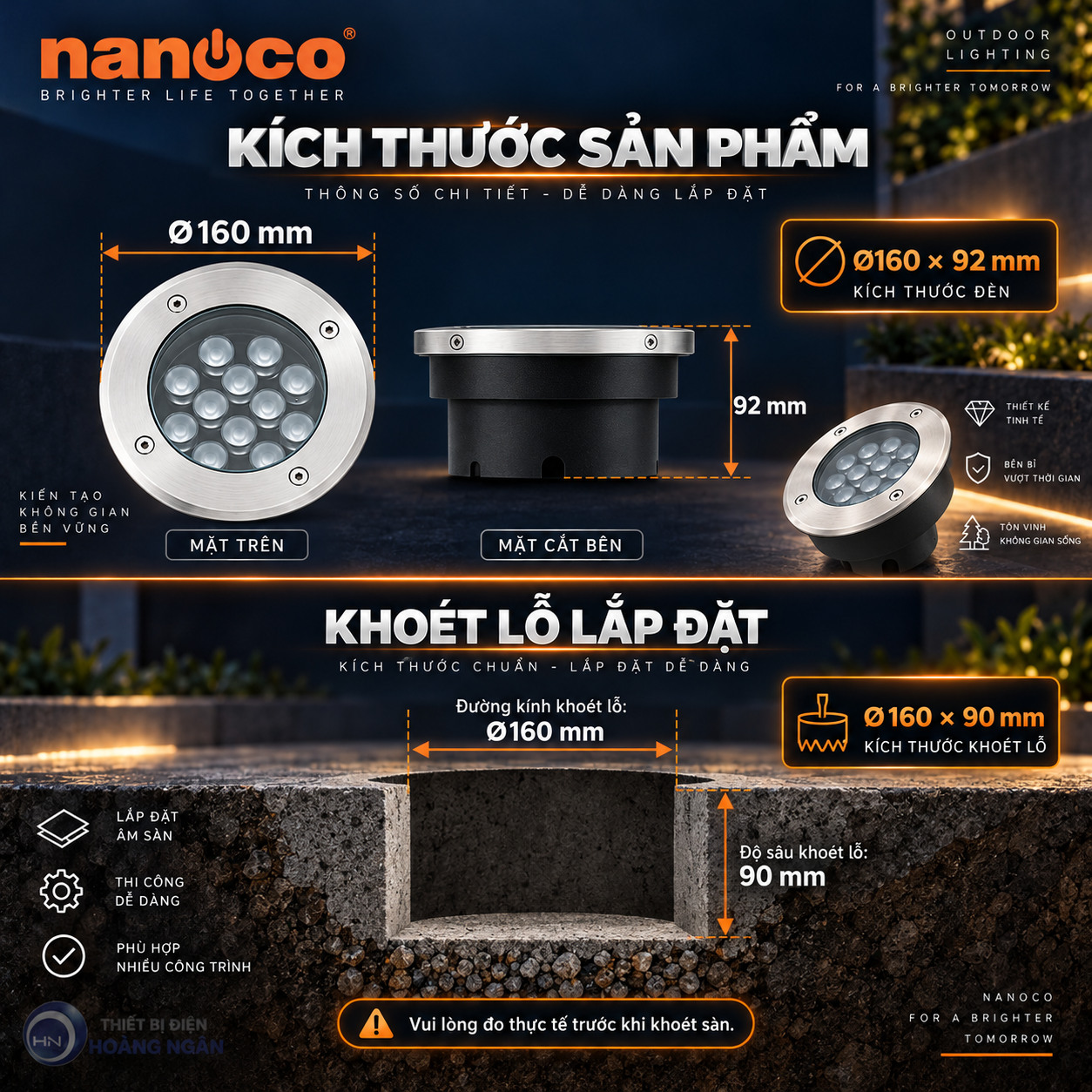 Kích thước Stella 12W đường kính 160mm cao 92mm và khoét lỗ theo catalogue