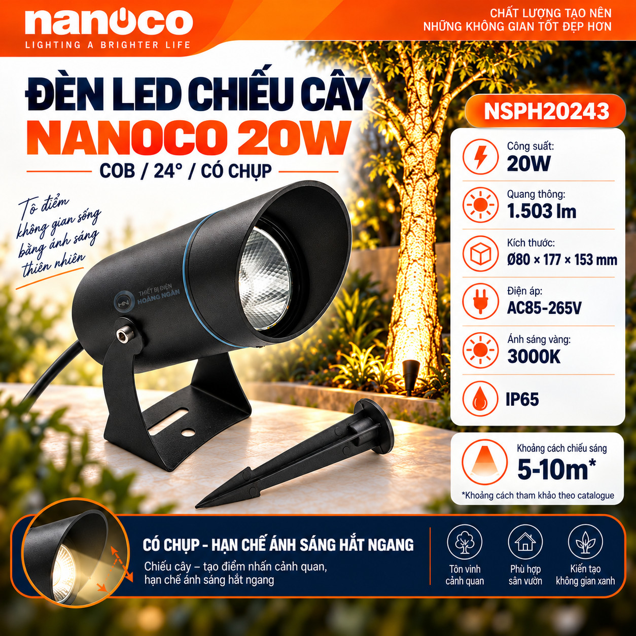 Nanoco NSPH20243 20W có chụp: 1.503 lm, kích thước Ø80 × 177 × 153 mm, góc chiếu 24°.