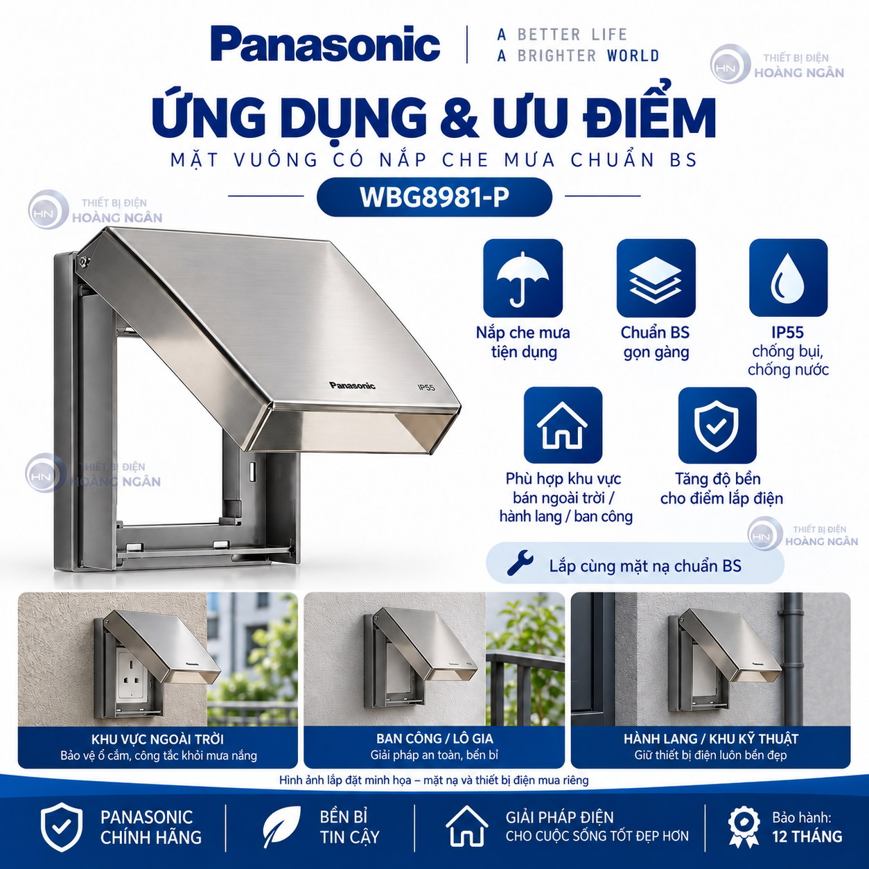 Ứng dụng thực tế mặt che mưa Panasonic WBG8981-P IP55 dùng với mặt nạ chuẩn BS
