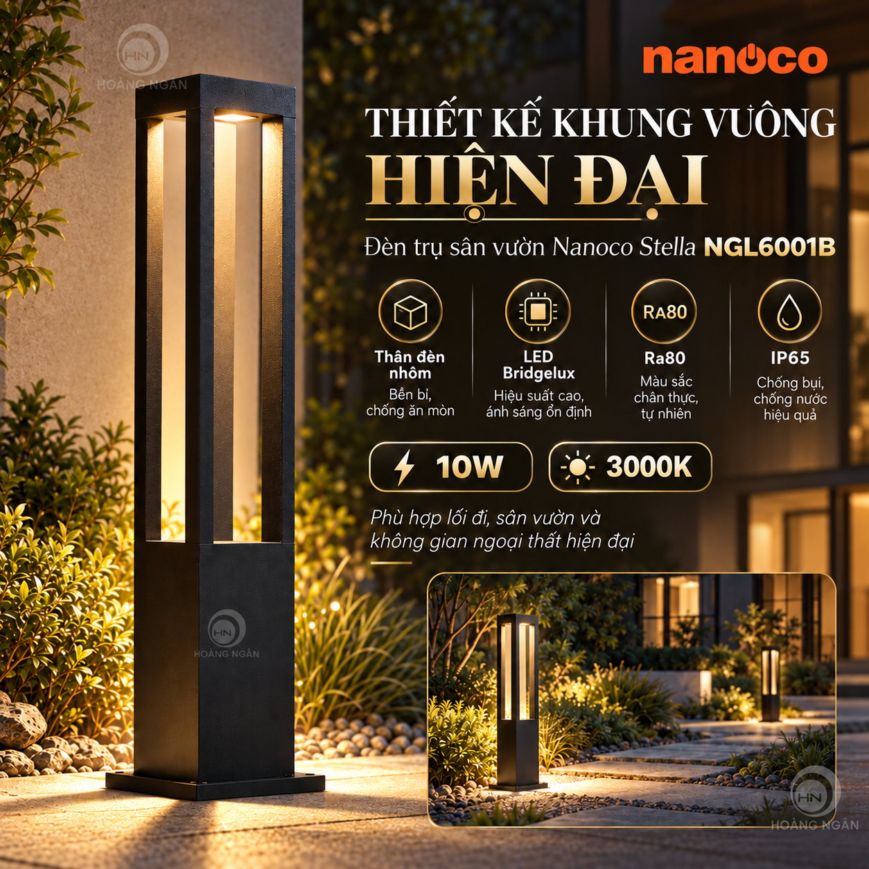 Cận cảnh thiết kế khung vuông bằng nhôm màu đen của đèn trụ Nanoco Stella NGL6001B