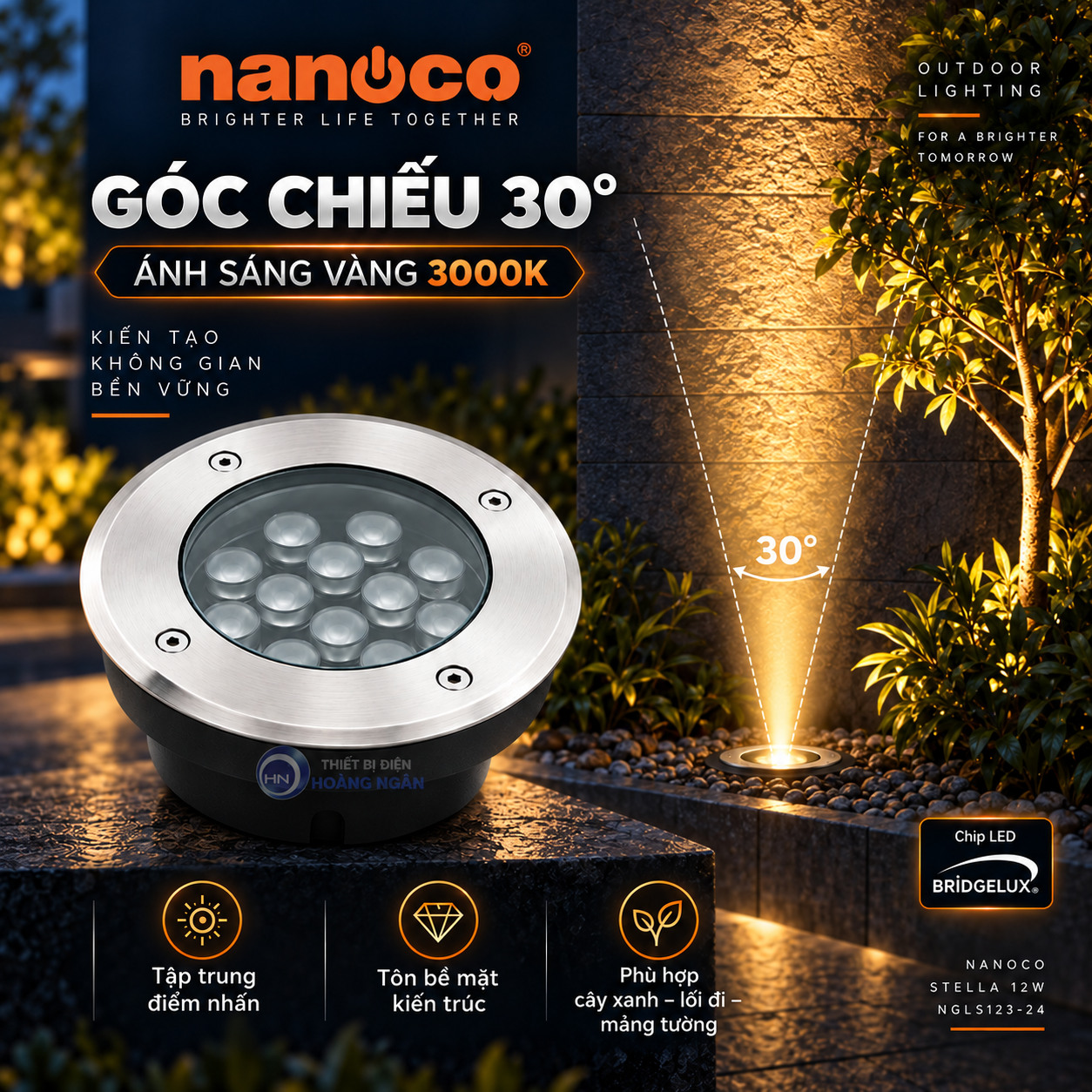 Minh họa góc chiếu 30 độ hướng từ dưới lên của đèn Nanoco 12W 3000K