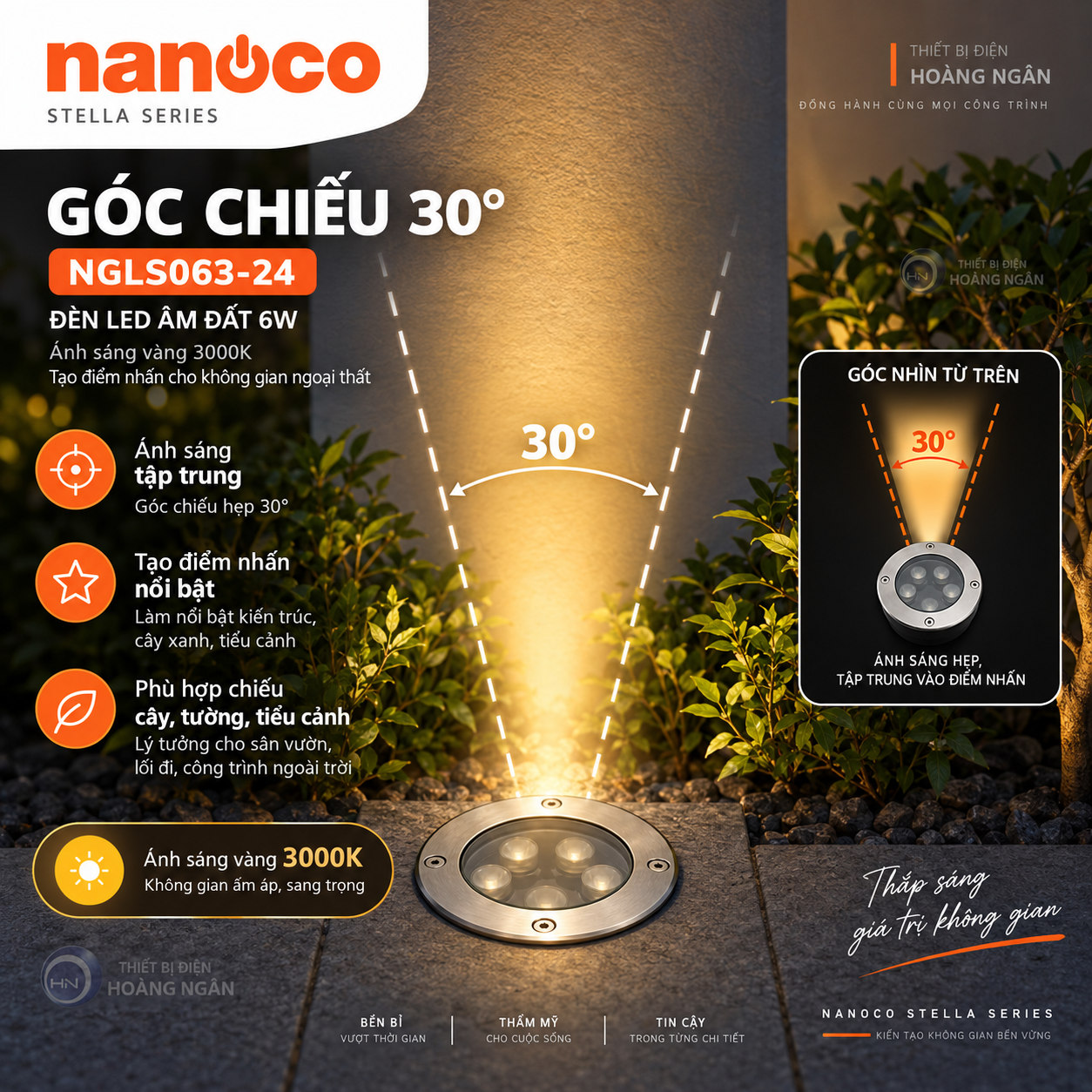 Đèn âm đất Nanoco NGLS063-24 góc chiếu 30 độ ánh sáng vàng 3000K