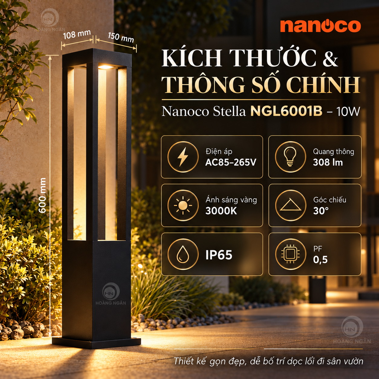 Sơ đồ kích thước đèn trụ Nanoco NGL6001B 108 × 150 × 600 mm và thông số 10W