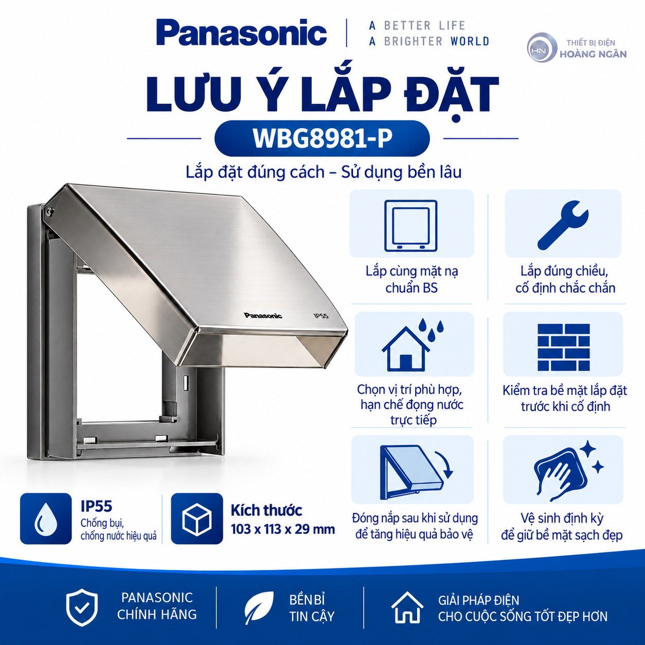 Lưu ý lắp đặt mặt vuông có nắp che mưa Panasonic WBG8981-P IP55