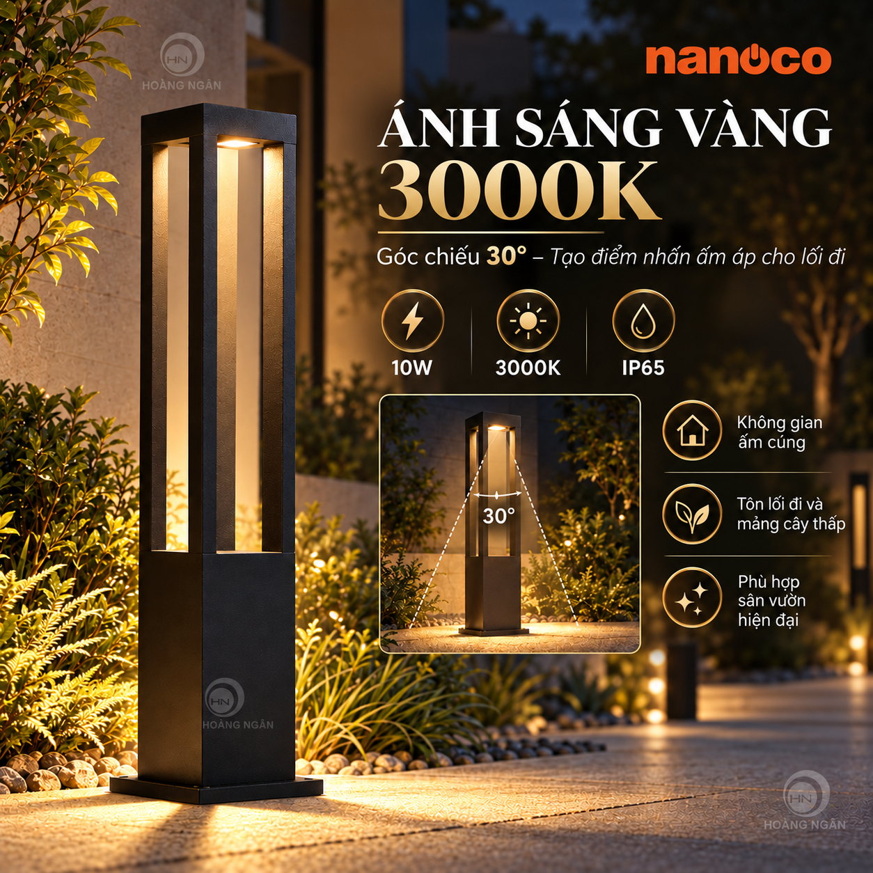 Minh họa ánh sáng vàng 3000K và góc chiếu 30 độ theo catalogue của Nanoco NGL6001B