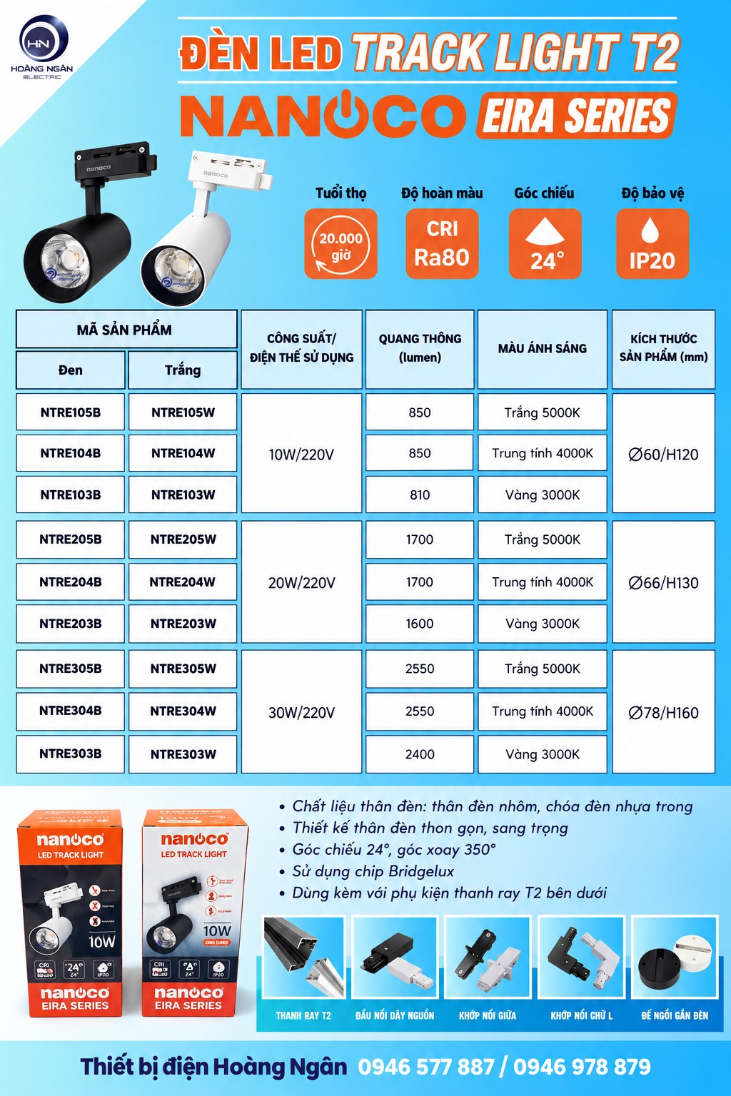 Bảng mã và thông số đèn LED Track Light T2 Nanoco Eira Series