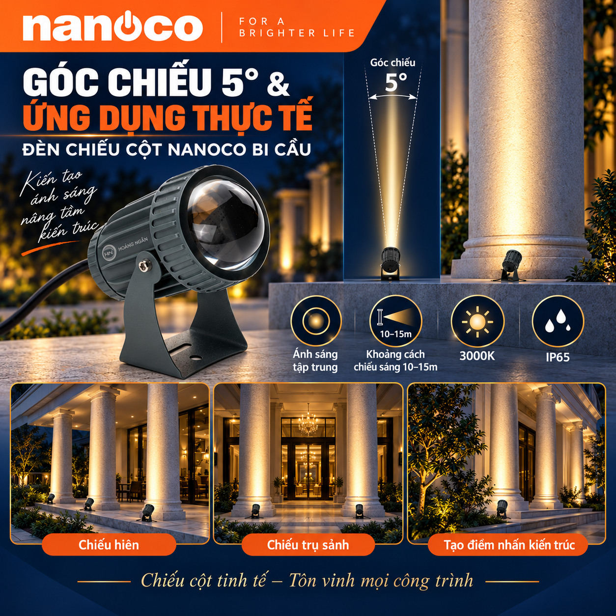 Minh họa góc chiếu hẹp 5 độ của đèn Nanoco bi cầu chiếu cột và ứng dụng trên kiến trúc.