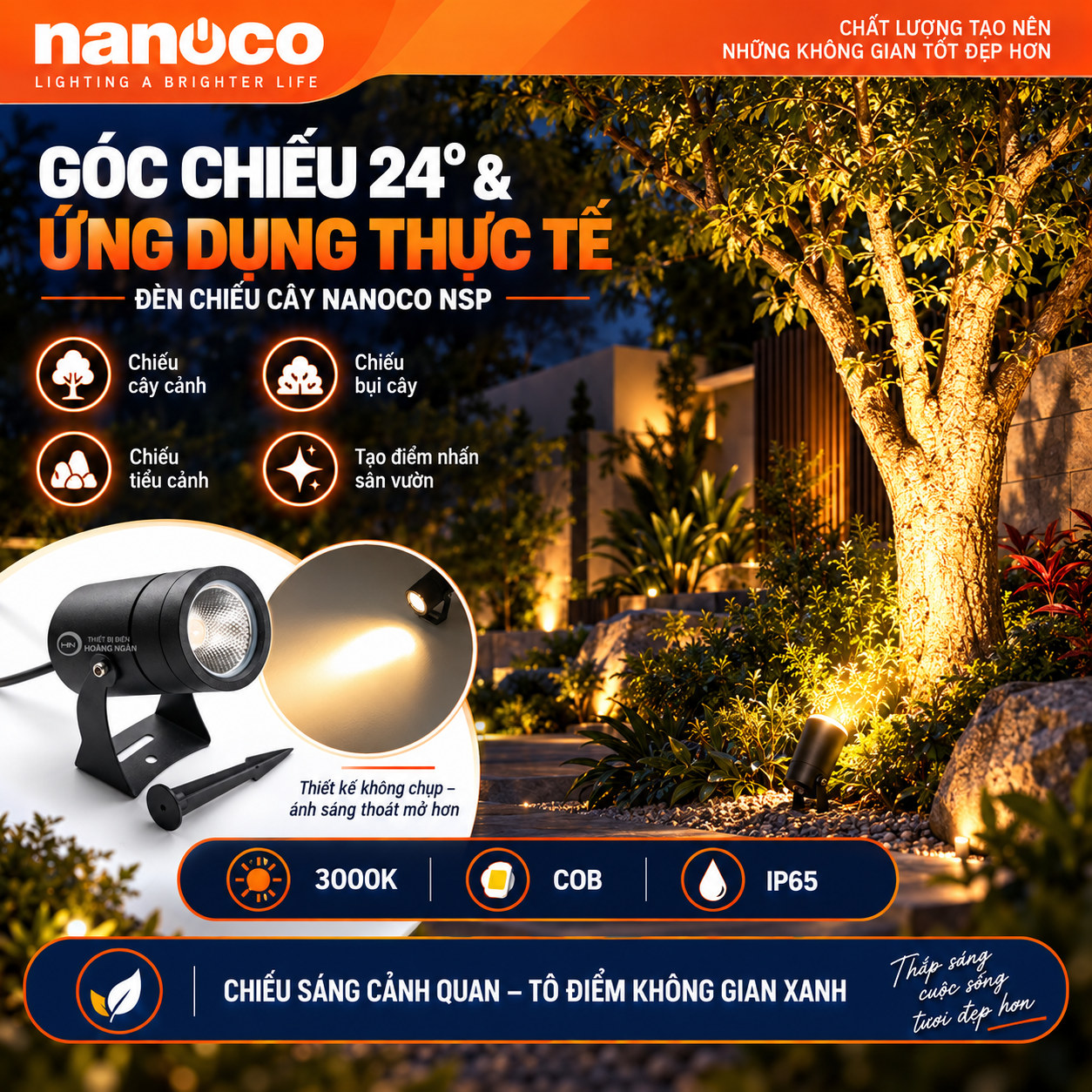 Minh họa đèn chiếu cây Nanoco NSP góc 24° không chụp tạo điểm nhấn sân vườn bằng ánh sáng 3000K.