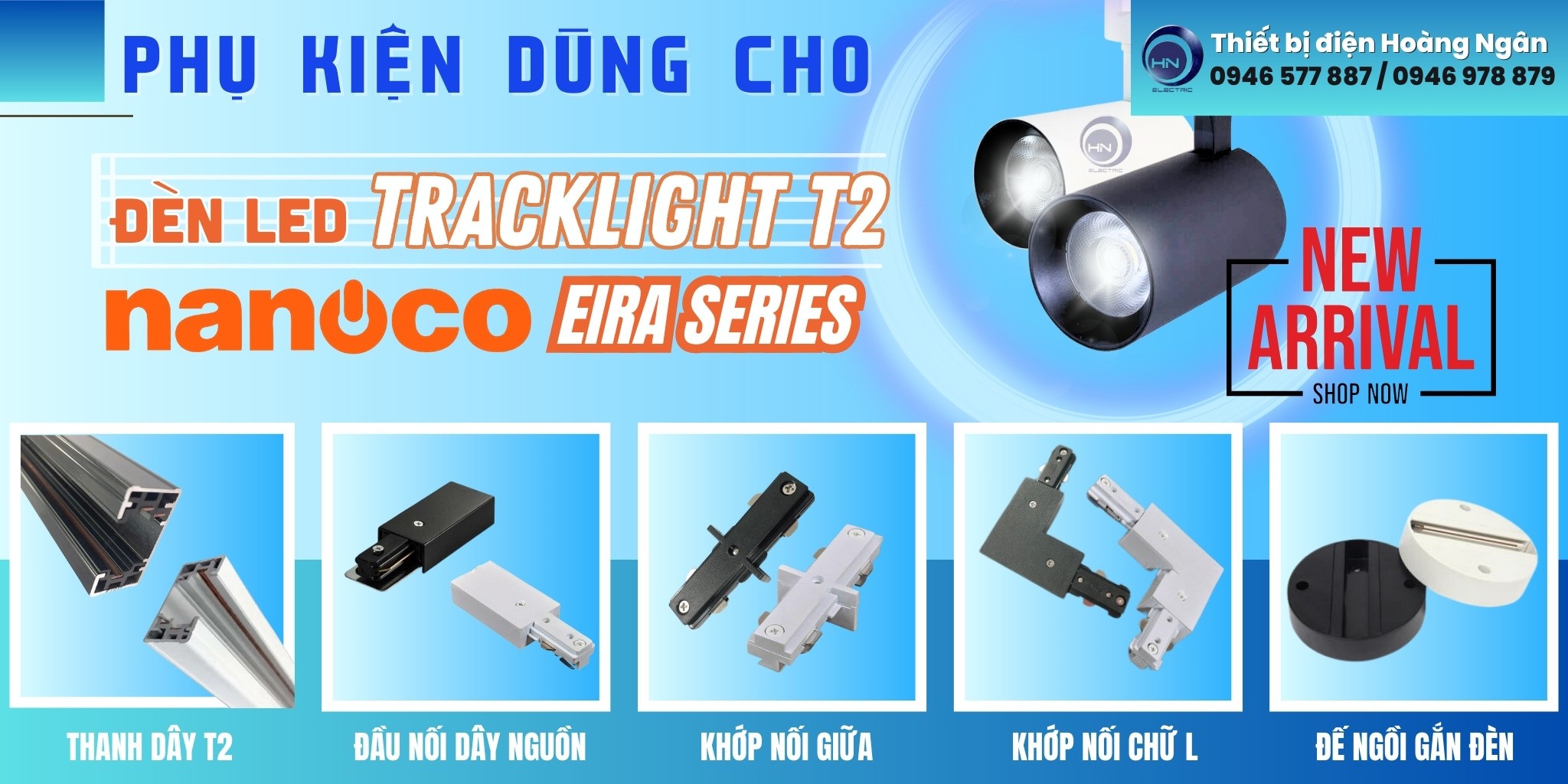 Phụ kiện Track Light T2 Eira Series Nanoco gồm thanh ray đầu nối và đế nổi