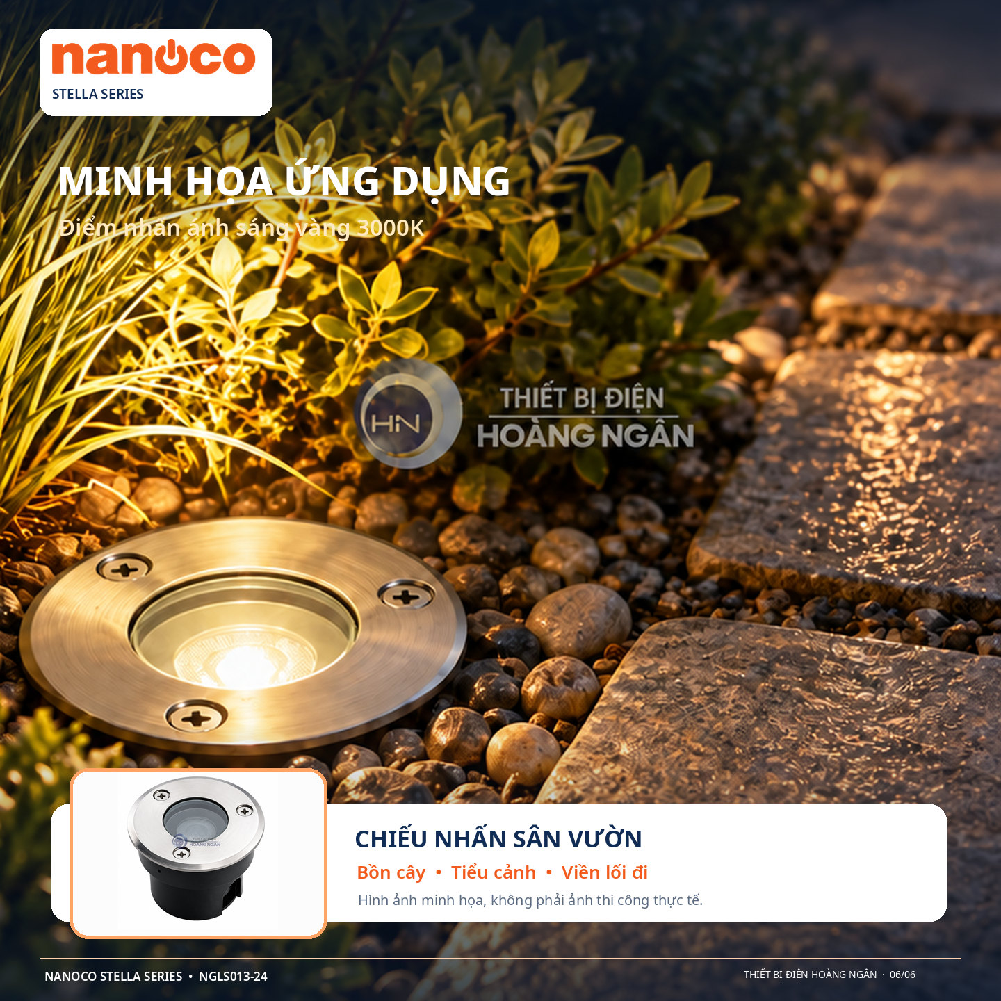 Minh họa ứng dụng đèn LED âm đất Nanoco ánh sáng vàng 3000K chiếu điểm tiểu cảnh sân vườn