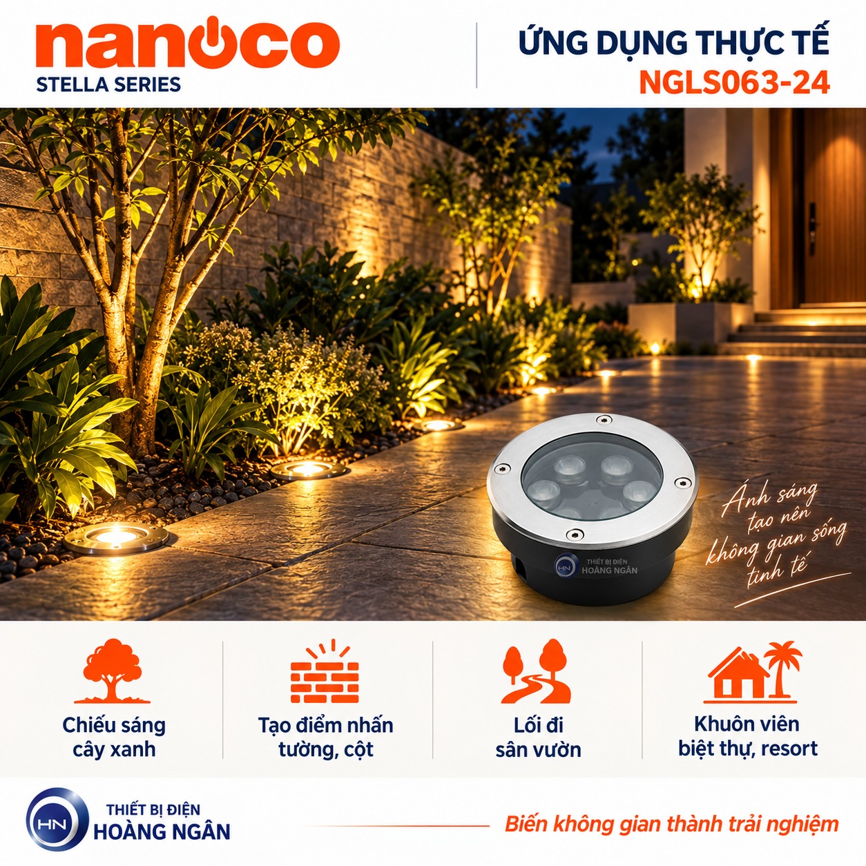 Ứng dụng đèn LED âm đất Nanoco Stella 6W NGLS063-24 tại sân vườn