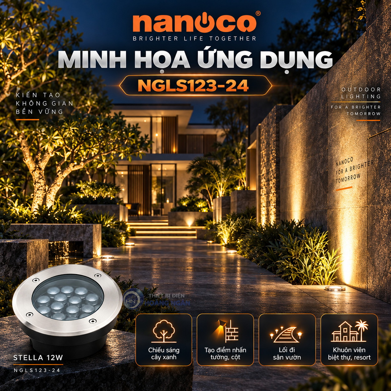 Phối cảnh minh họa đèn âm đất Nanoco Stella 12W chiếu sáng cảnh quan
