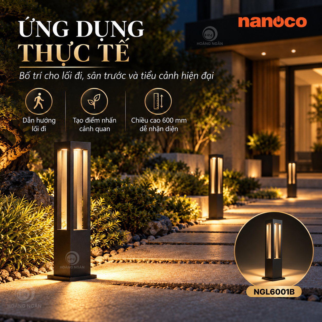 Ứng dụng đèn trụ Nanoco NGL6001B trong lối đi sân vườn và cảnh quan ban đêm