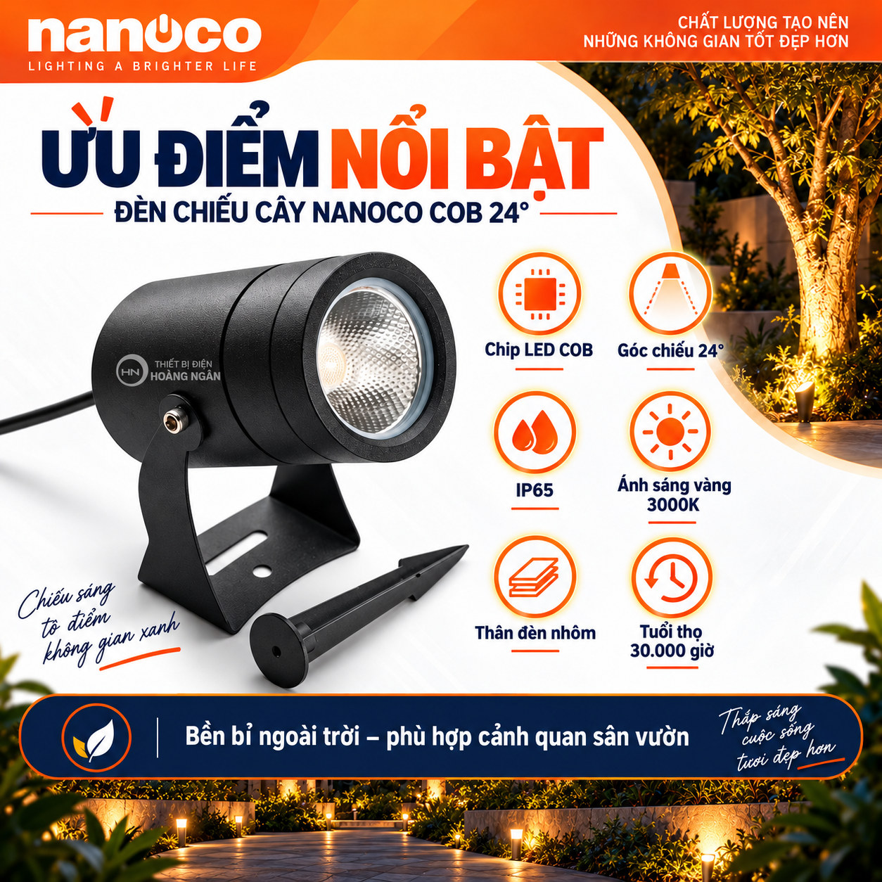 Các đặc điểm của đèn chiếu cây Nanoco: LED COB, góc 24°, IP65, 3000K, thân nhôm và tuổi thọ công bố 30.000 giờ.