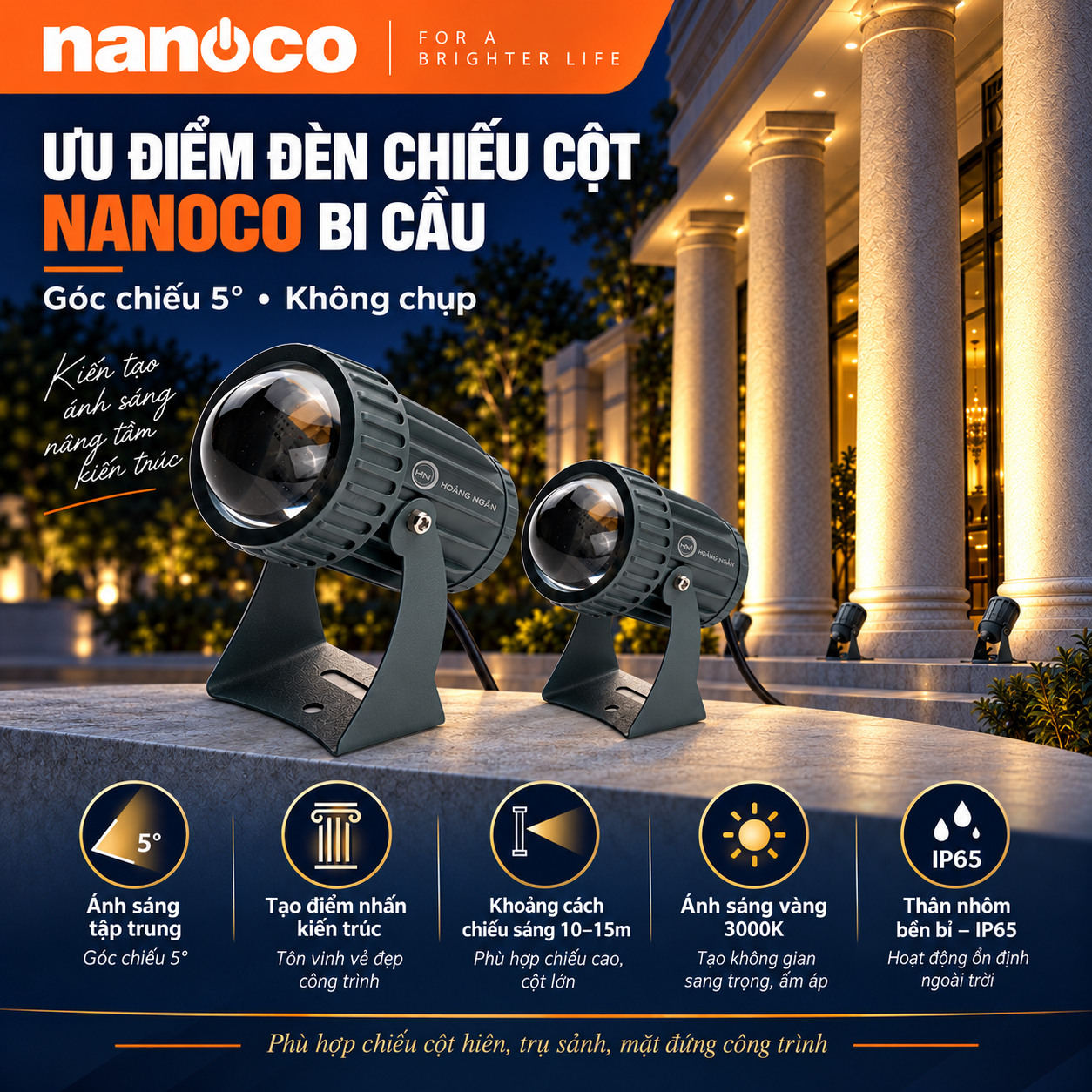 Ưu điểm đèn LED chiếu cột Nanoco bi cầu 5 độ không chụp, ánh sáng 3000K, IP65 và thân nhôm.