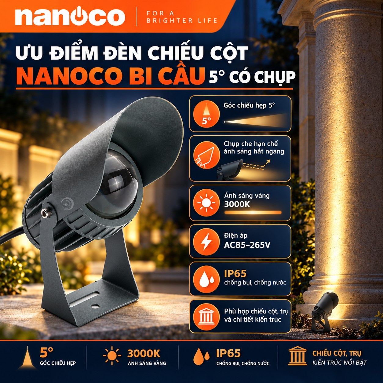 Ưu điểm đèn chiếu cột Nanoco bi cầu có chụp góc 5 độ hạn chế ánh sáng hắt ngang