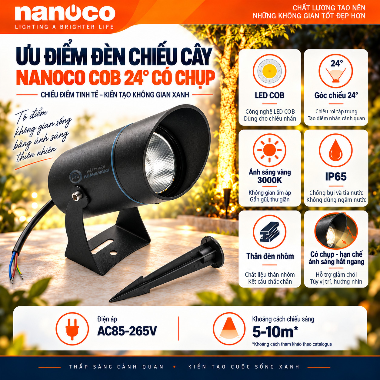 Đặc điểm đèn Nanoco COB 24° có chụp: IP65, thân nhôm, 3000K và hỗ trợ hạn chế ánh sáng hắt ngang.