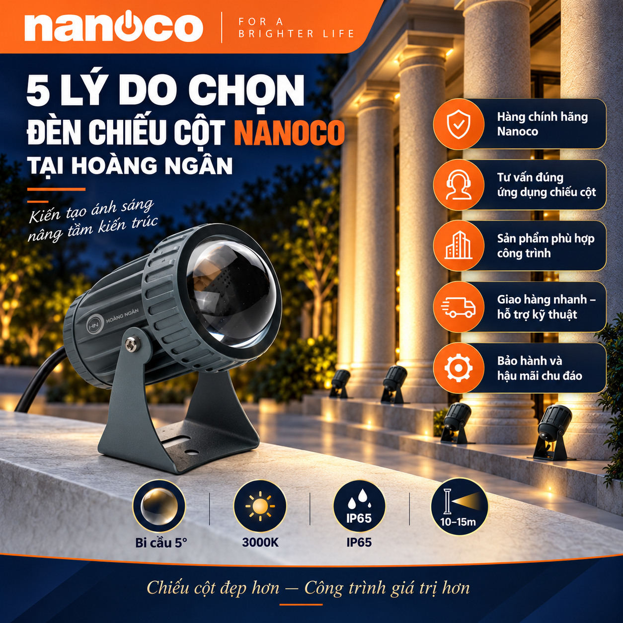 Thiết Bị Điện Hoàng Ngân tư vấn đèn chiếu cột Nanoco NSP10053, NSP20053 và đơn hàng công trình.