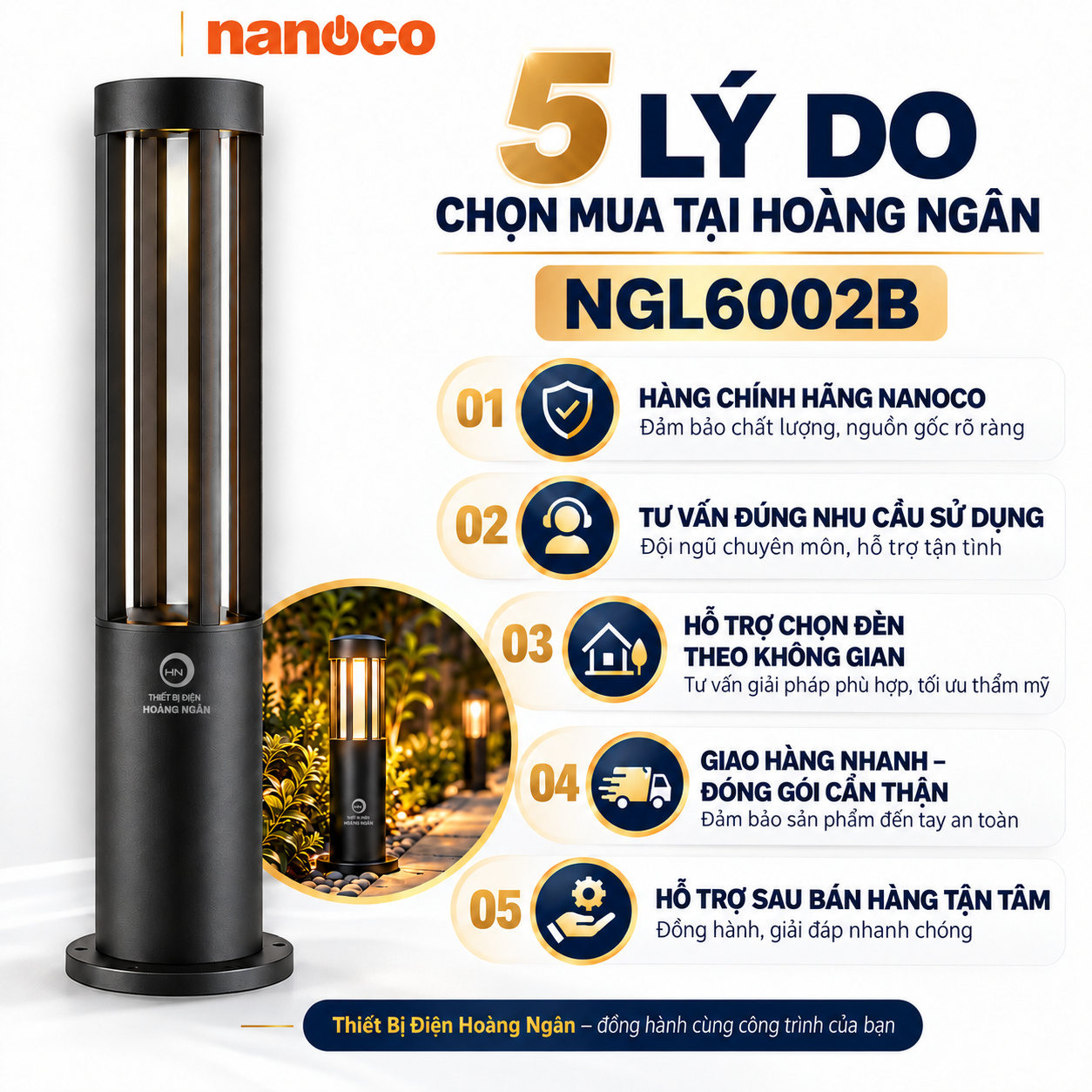 Tư vấn chọn mua đèn trụ sân vườn Nanoco NGL6002B tại Thiết Bị Điện Hoàng Ngân