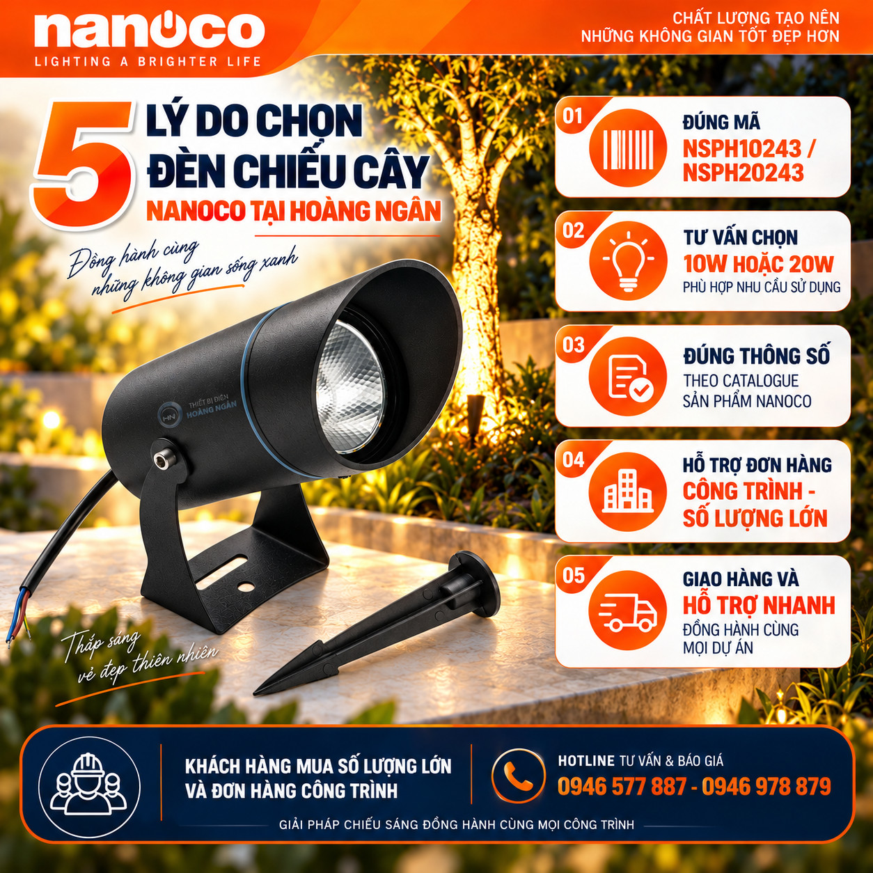 Thiết Bị Điện Hoàng Ngân tư vấn đèn chiếu cây Nanoco NSPH10243, NSPH20243 và hỗ trợ đơn hàng công trình.