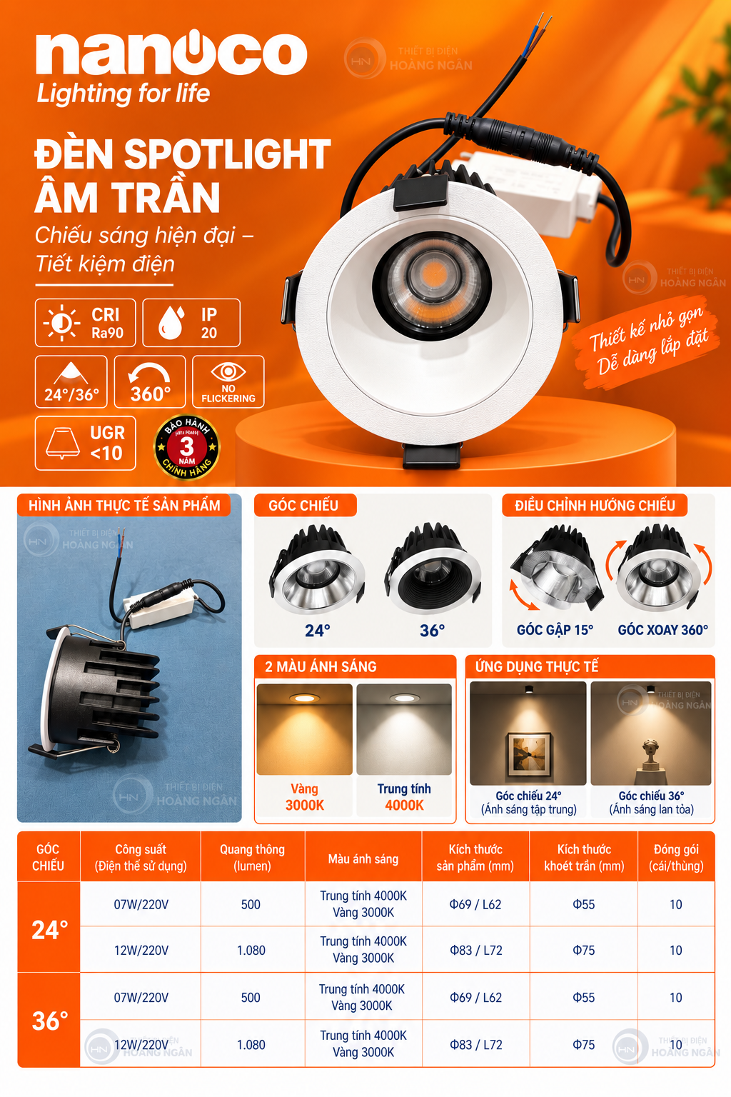 Đèn LED Spotlight Âm Trần 12W choá trắng góc chiếu 36º NSP12WW364 - Nova Series Nanoco