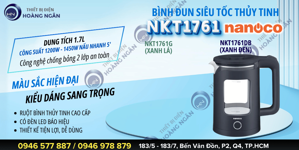 ẤM ĐUN SIÊU TỐC THỦY TINH NKT1761 - THỦY TINH TRONG SUỐT CAO CẤP - CÔNG SUẤT 1200W - 1450W -  DUNG TÍCH 1.7 LÍT