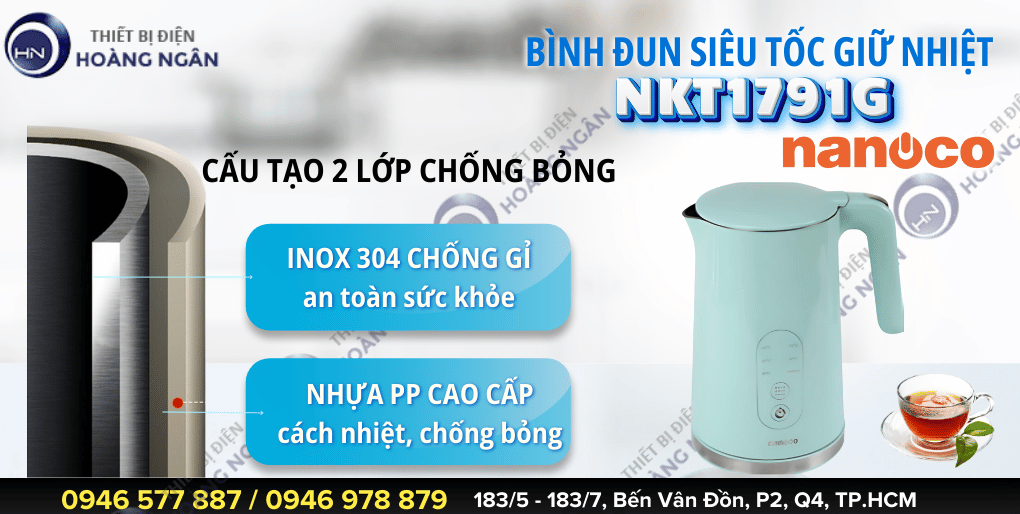 Ấm siêu tốc giữ nhiệt Nanoco NKT1791G 1.7L Cảm Ứng