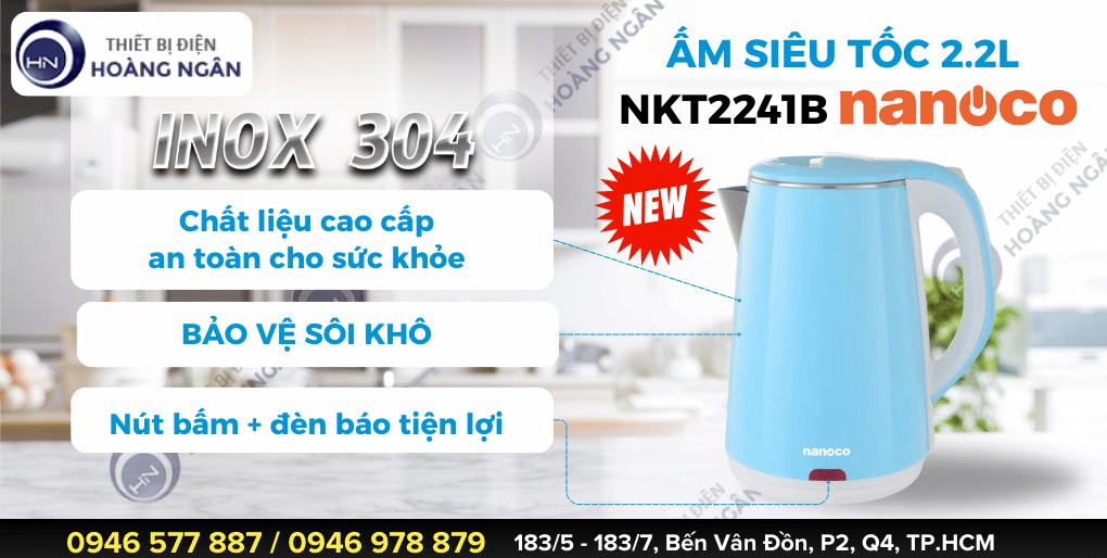 Ấm siêu tốc Nanoco NKT2241B 2.2 lít màu xanh ngọc