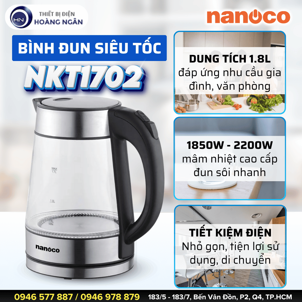 Ấm Siêu Tốc Thủy Tinh Nanoco NKT1702