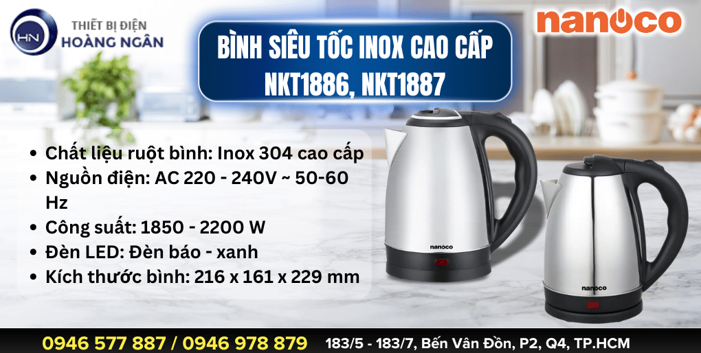 Bình Đun Siêu Tốc Inox Nanoco NKT1886 1.8L 2000W đun nhanh