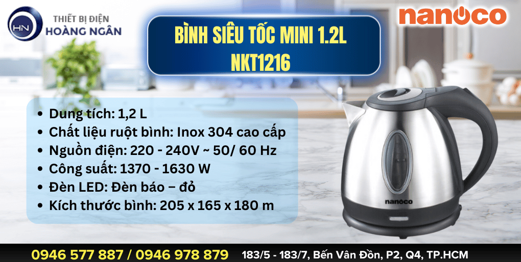 Bình Đun Siêu Tốc Mini Nanoco NKT1216 1.2L 1200W nhỏ gọn