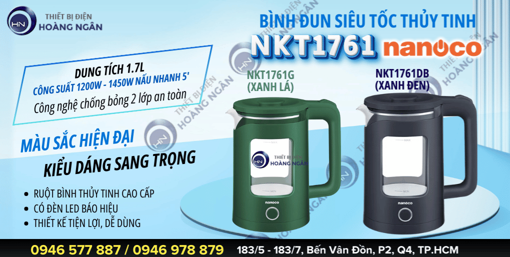 Bình Đun Siêu Tốc Thủy Tinh Nanoco NKT1761 1450W 1.7L 2 màu