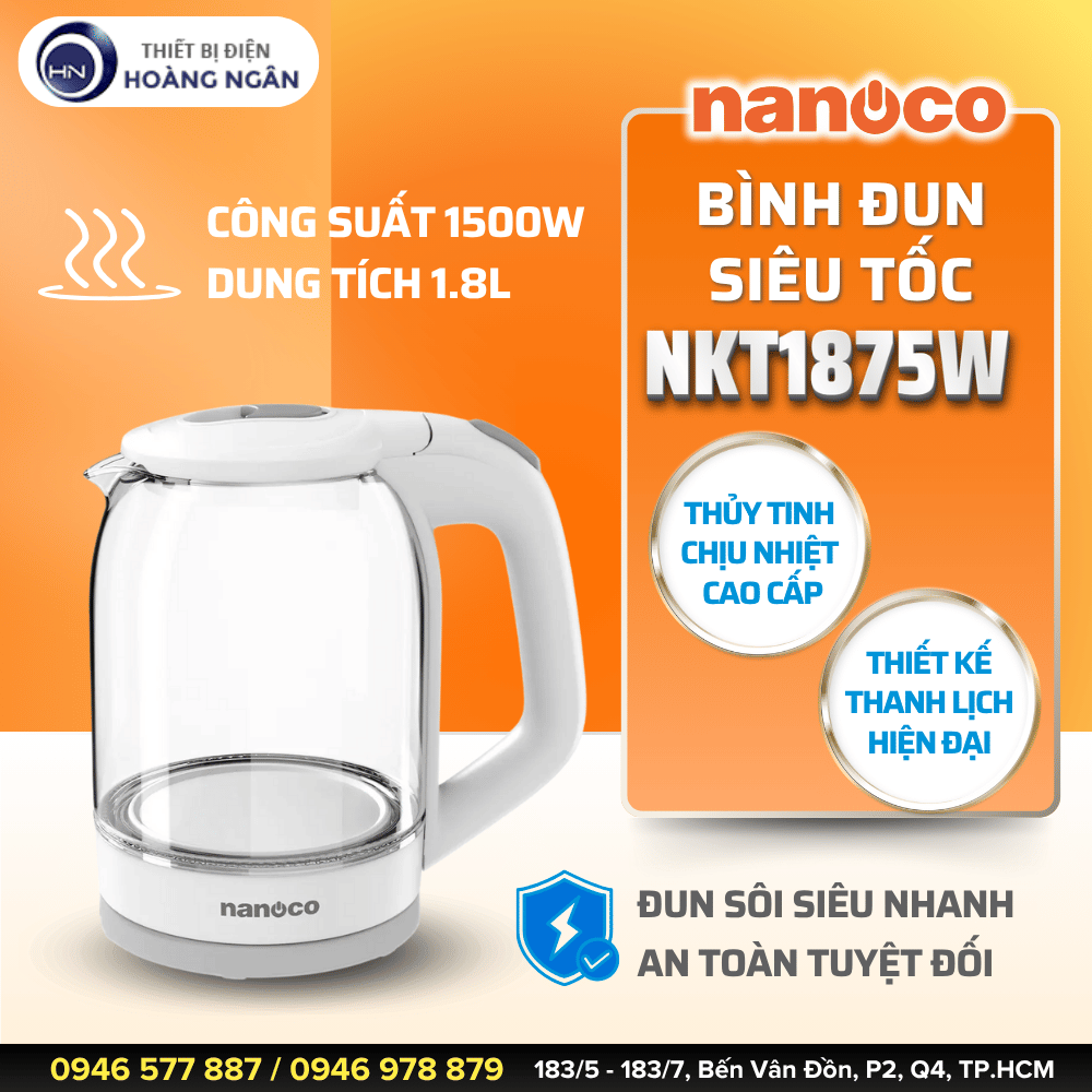 Bình Đun Siêu Tốc Thủy Tinh Cao Cấp Nanoco NKT1875W
