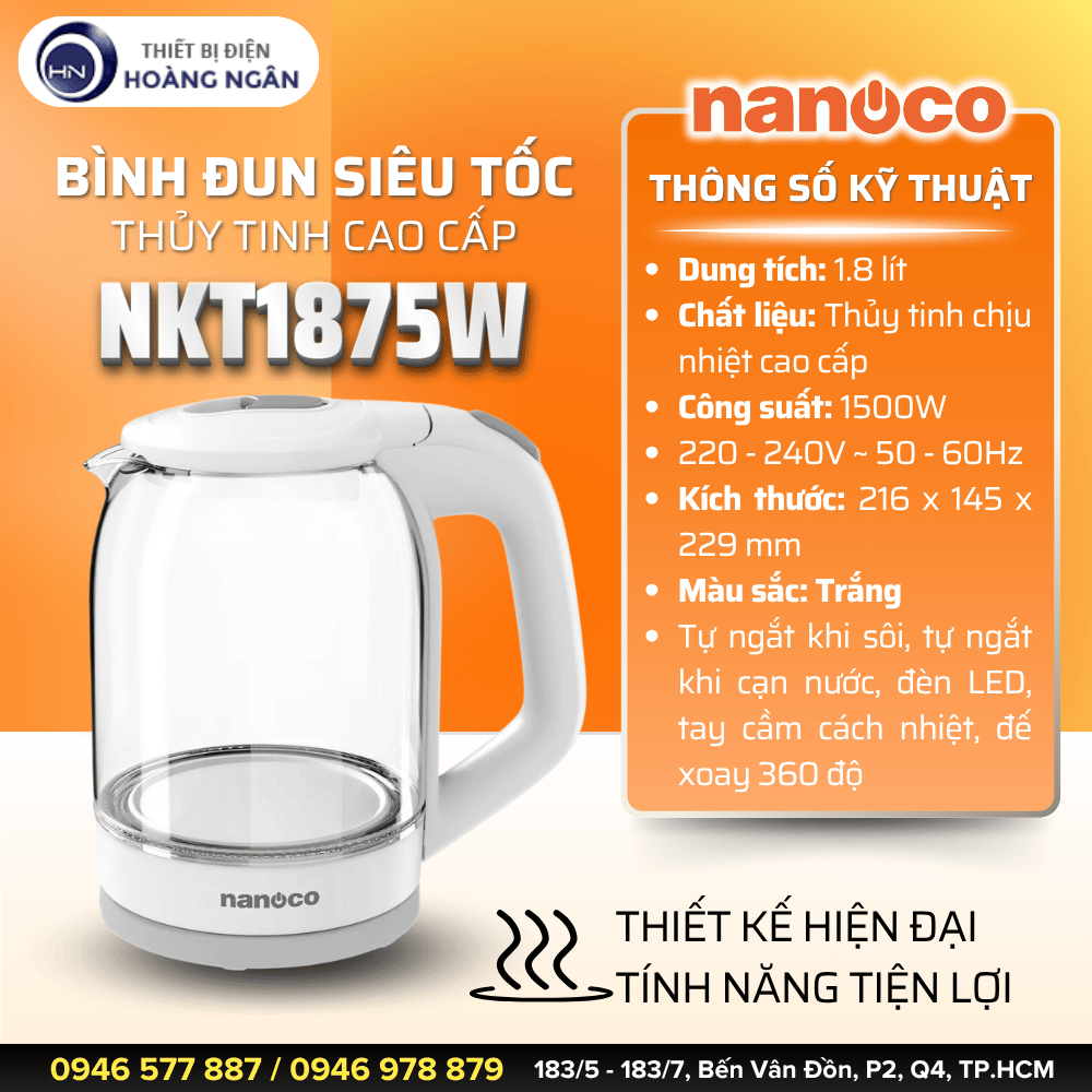 Bình Đun Siêu Tốc Thủy Tinh Cao Cấp Nanoco NKT1875W