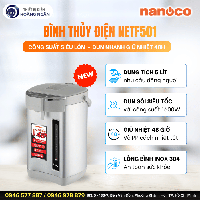 Bình Thủy Điện Màu Trắng Nanoco NETF501 5L - 1600W